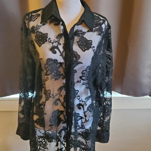 Chicos size 1 medium black see through top with buttons down the front. - Picture 1 of 6